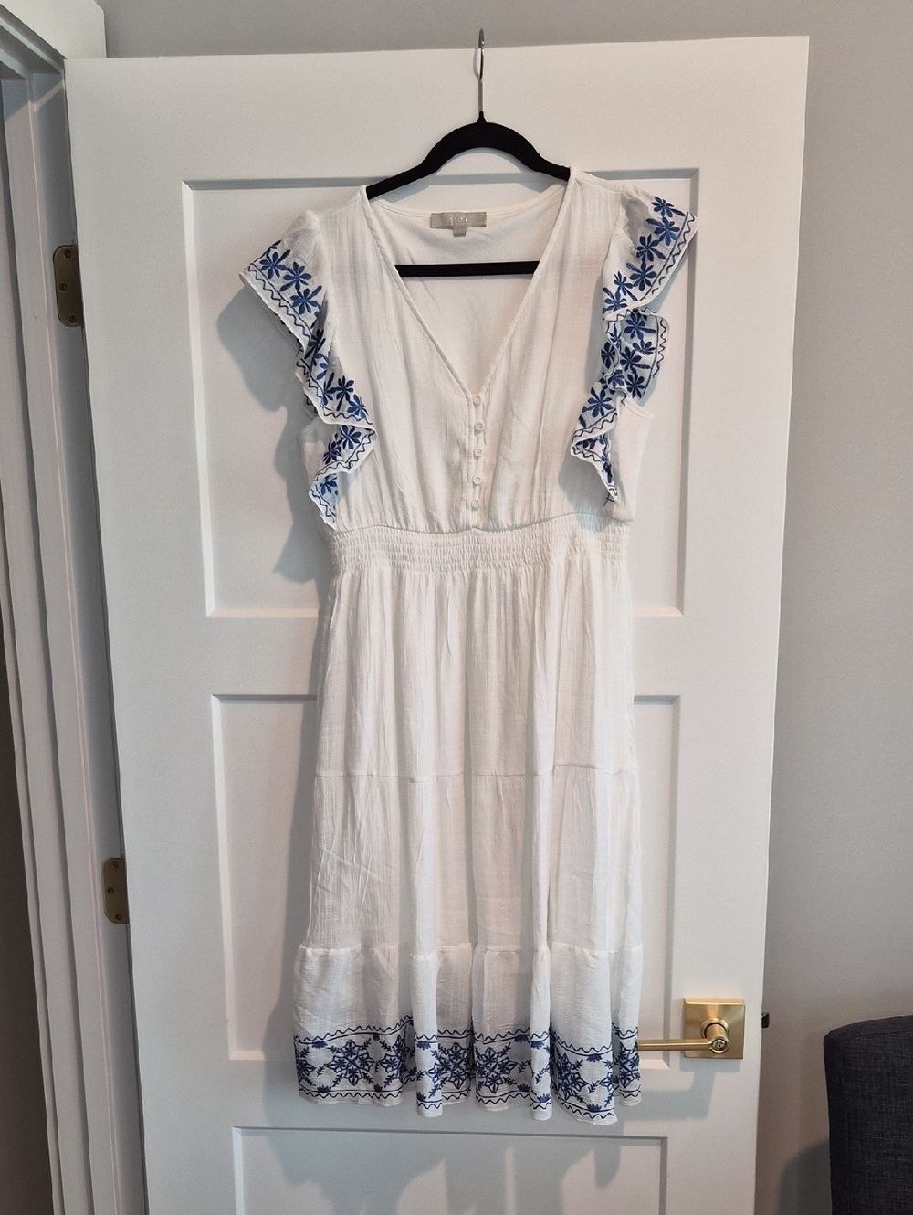 J Gee White Dress With Royal Blue Embroidery Size P L